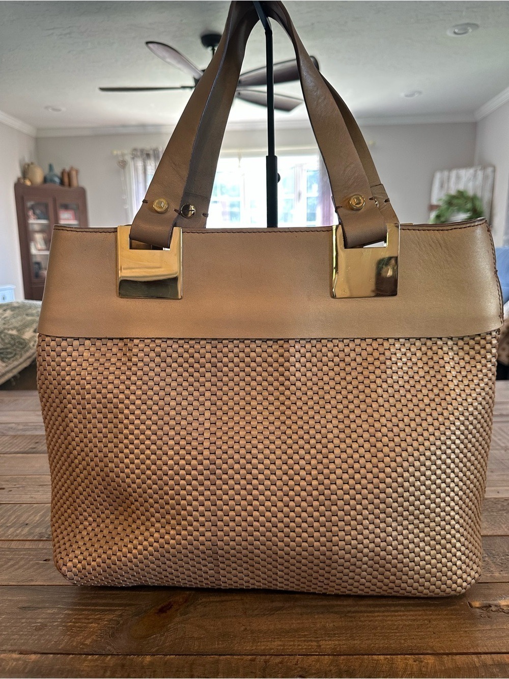 Ellen Tracy Woven Light Gold Leather Large Tote